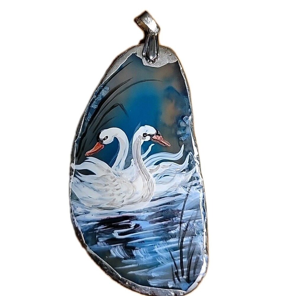 Pendant Artist Hand Painted Agate Two Swans 18k Bail Silver Soldered New